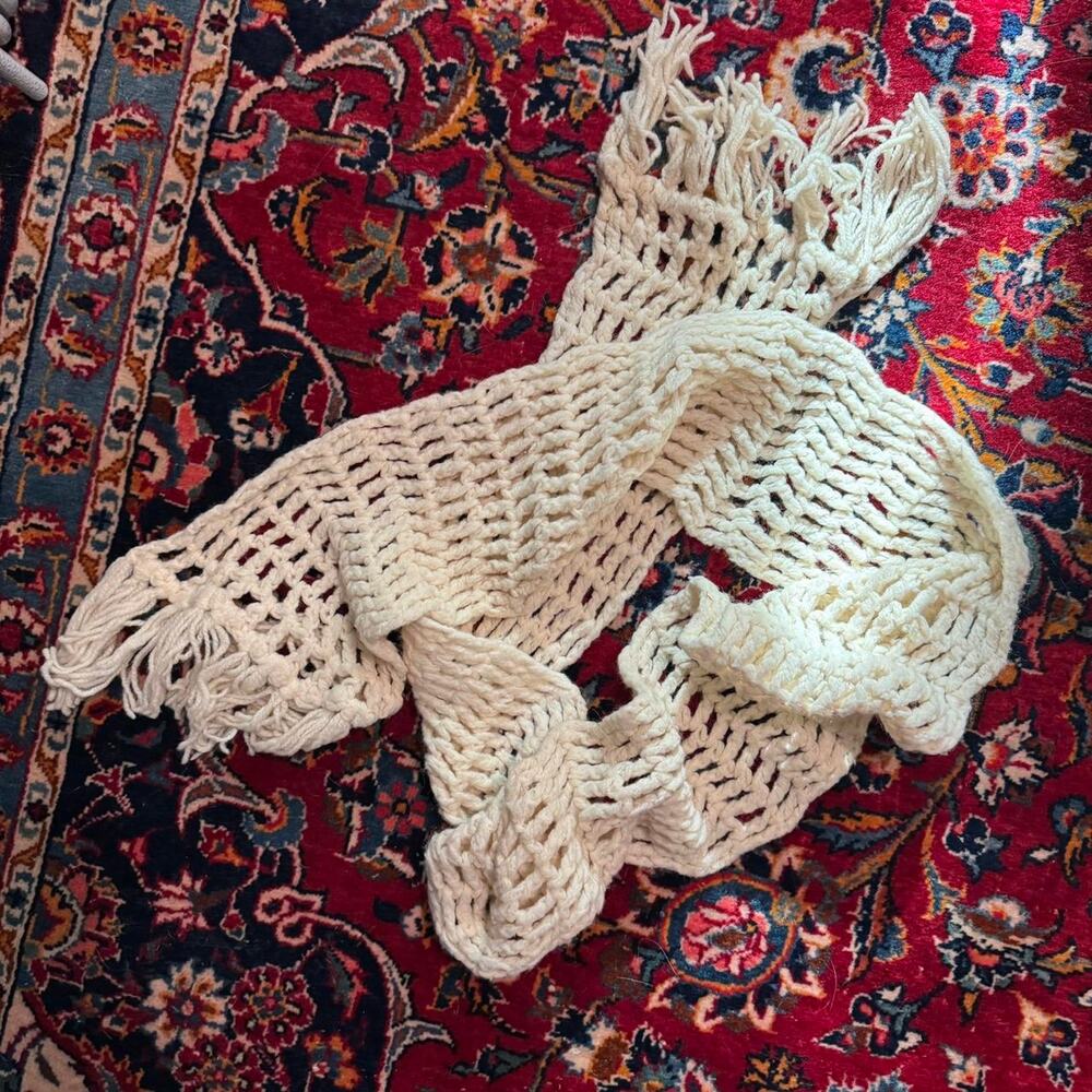Vtg Cozy Handmade open knit Crochet white Cottagecore Textured Scarf Whimsy Boho